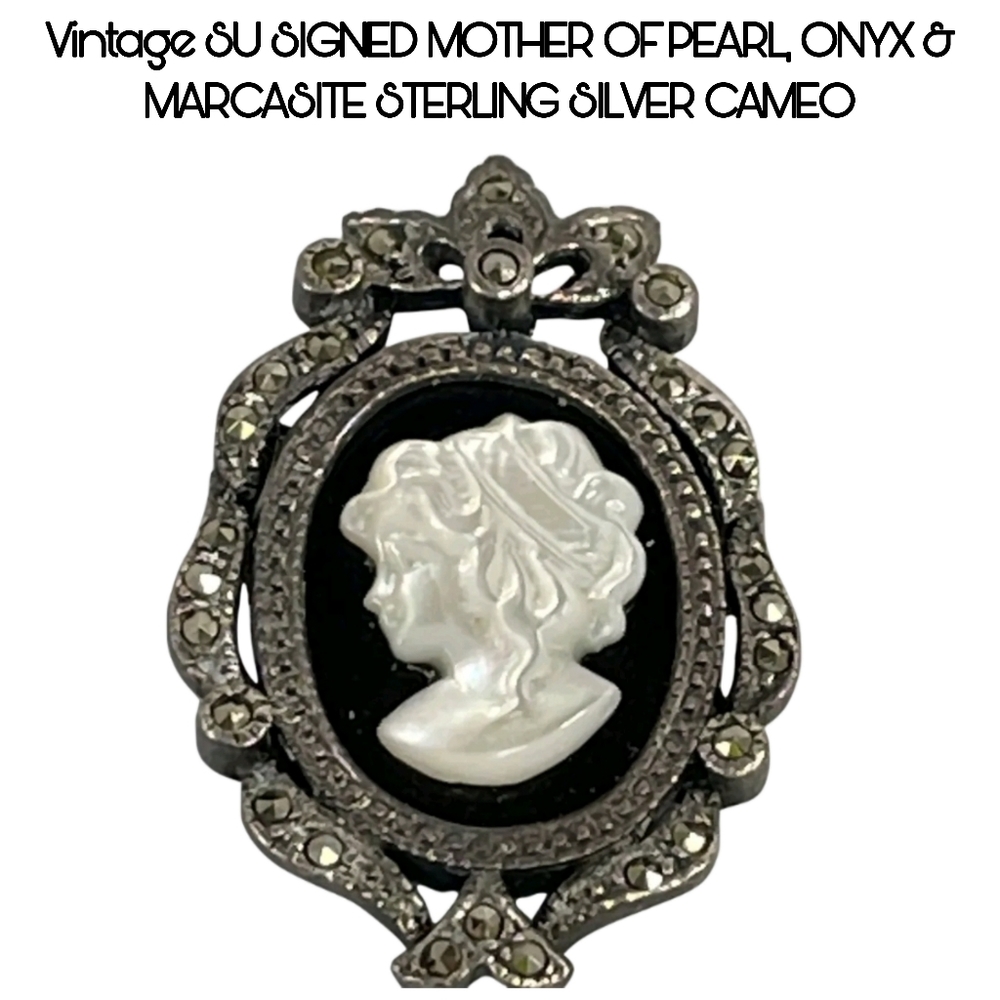 SU STERLING SILVER CAMEO MOP ONYX PIN PENDANT NECKKACE MARCASITE 👀 Read!!